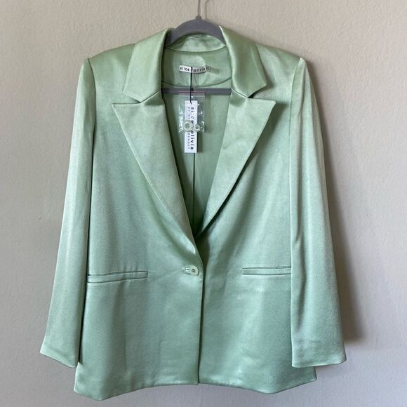 NWT Alice + Olivia Denny Satin Green Blazer Crepe Size 6 - Picture 8 of 15